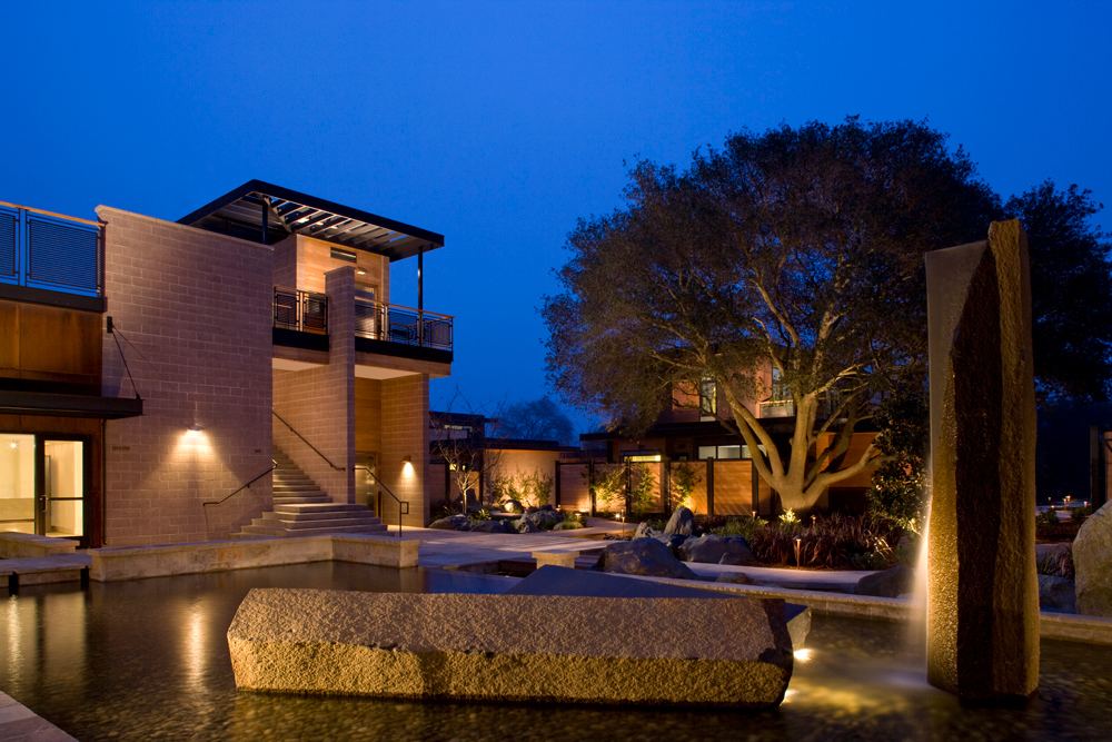 Bardessono reflecting-pool courtyard at night